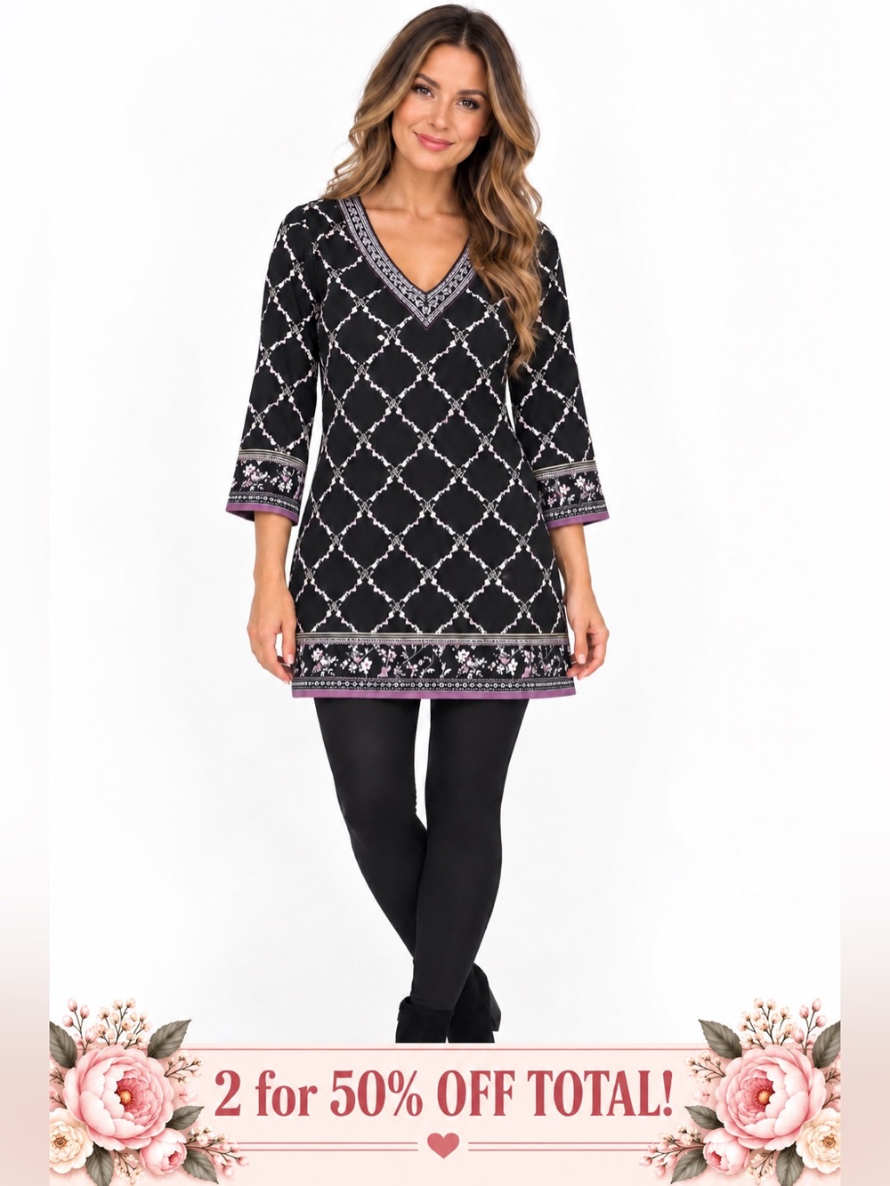 WHBM White House Black Market Black Floral Print V-Neck Tunic Top